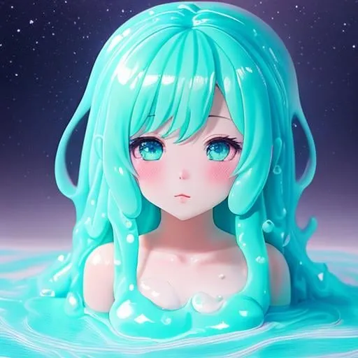 Prompt: 1 girl made of slime, slime girl, petite body shape, hyper realistic pastel color masterpiece,

beautiful, cute, kawaii anime girl,  smokey atmosphere, hyper realistic masterpiece of an anime seafoam color slime girl,

at night, twilight, evening, outside, particles visible, light from behind, hyper realistic detailed lighting, hyper realistic shadows

hyper realistic masterpiece, highly contrast water color pastel mix, sharp focus, digital painting, pastel mix art, digital art, clean art, professional, contrast color, contrast, colorful, rich deep color, studio lighting, dynamic light, deliberate, concept art, highly contrast light, strong back light, hyper detailed, super detailed, render, CGI winning award, hyper realistic, ultra realistic, UHD, HDR, 64K, RPG, inspired by wlop, UHD render, HDR render