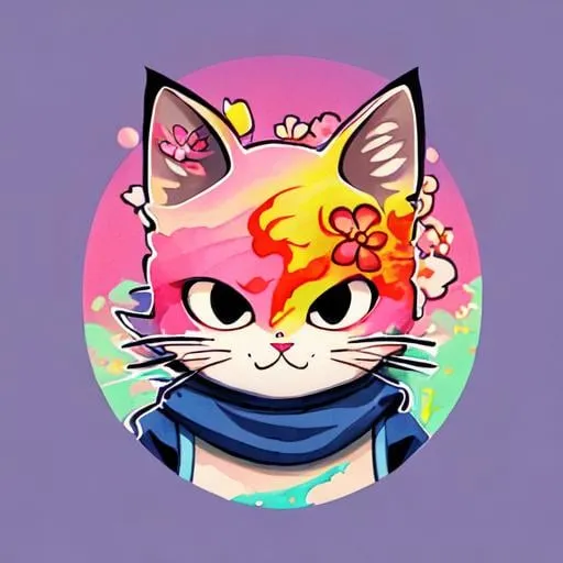 Prompt: A detailed illustration face ninja cat, fire, t-shirt design, flowers splash, t-shirt design, in the style of Studio Ghibli, pastel tetradic colors, 3D vector art, cute and quirky, fantasy art, watercolor effect, bokeh, Adobe Illustrator, hand-drawn, digital painting, low-poly, soft lighting, bird's-eye view, isometric style, retro aesthetic, focused on the character, 4K resolution, photorealistic rendering, using Cinema 4D