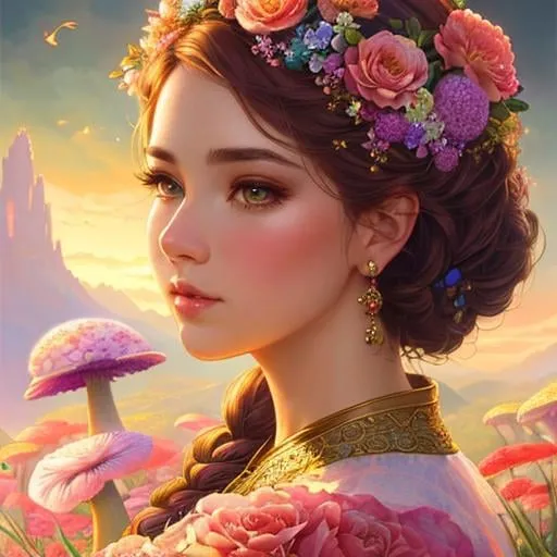 Prompt: a very beautiful giantesses, landscape, detailed,hd floral, fantasy, hd landscape, floral, mushrooms, soft, pretty visuals, aesthetic, artstation, shadow effect, insanely detailed and intricate, highly detailed, artstation by WLOP, by artgerm, art by Tom Bagshaw, Atey Ghailan, Andrew Atroshenko, Stanley Artgerm Modifiers: trending on Artstation highly detailed digital painting elegant ultra reallistic extremely detailed fantasy studio lighting intricate 8k cinematic lighting photorealistic 4k very attractive beautiful high detail dynamic lighting poster wallpaper award winning fantastic view close up hyperrealistic ultra detailed 4K 3D high definition crisp quality Unreal Engine colourful hdr very cute matte background cinematic postprocessing Makoto shinkai Lisa Frank VRay Thomas Kinkade Thomas Hart Benton Sherry Akrami Ernie Barnes Carrie Ann Baade