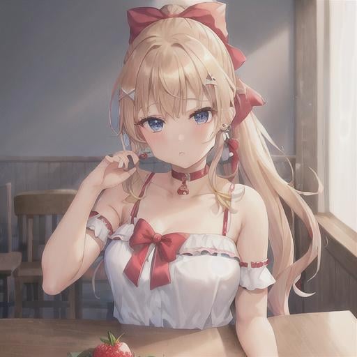 Prompt: 1girl, solo, cherry, food, bow, hair ornament, fruit, hair bow, choker, ponytail, looking at viewer, jewelry, earrings, strawberry, blue eyes, frills, hairclip, blonde hair, bandaid, long hair, ice cream, bangs, upper body, nail polish, x hair ornament, table, red bow, signature, sleeveless, english text, sitting, red nails, mouth hold, spoon, blurry, plaid, heart