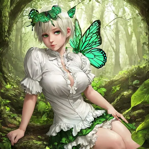 Prompt: white short hair, long braids, frill shirt, green butterfly wings, cute face, green eyes, two leaves in the hair, fairy, forest, magic, green skirt, deep cleavage