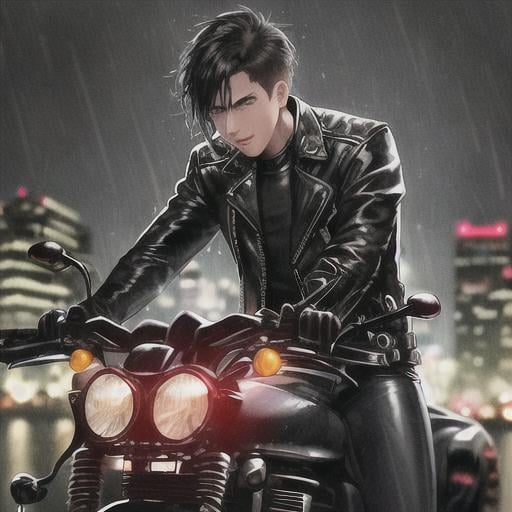 Prompt: 20 y.o. boy riding motorcycle, leather jacket, black hair, sharp focus, (Instagram), (cityscape, night, rain), wet, professional lighting, perfect eyes
