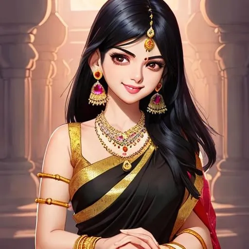 Prompt: Pretty girl wearing earrings and necklace,black hair,cute pose,perfect composition,Kawaii,smiling, Indian saree dress,glossy lip,dynamic potrait,aesthetic,soft glowing,sunlight,stunning,Hindu temple,2d digital artwork,anime,mappa studio,wit studio,