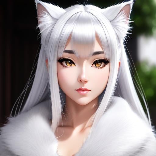 Prompt: a beautiful woman with face like cat , cat stealth,beautiful anime cat eyes, white skin,silver and white hair, breath, cat face,intricate hairy body, cat's fur, cute, anime vintage, perfect cat body, cat whiskers, hyperrealism, beautiful, highly detailed, hd, 4k, 8k, wide angle