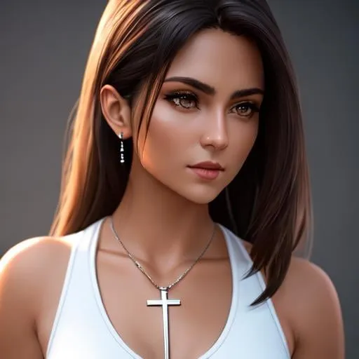 Prompt: full body, An female dressed in a white tank top and cross neckless, long dark brown and dark brown eyes, detailed skin, realistic, 8k, highly detailed, full length frame, High detail RAW color art, piercing, diffused soft lighting, shallow depth of field, sharp focus, hyperrealism, cinematic lighting