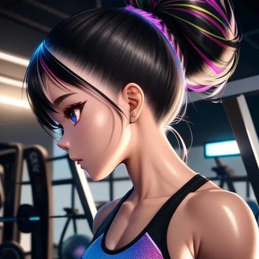 Prompt: 
colorful detailed gym background,

intricate detailed breathtaking colorful scenic view landscape 3D anime, beautiful detailed cute face, petite young sport body, detailed intricate flying hair, stray hairs, hyperdetailed complex,

Naughty, street wear cloth, women, long hair, portrait, black and white haur color, 

detailed glowing light, studio lighting, cinematic light, highly detailed light reflection, iridescent light reflection, beautiful shading, impressionist painting,

volumetric lighting maximalist photo illustration 64k, resolution high res intricately detailed complex,

key visual, precise lineart, vibrant, panoramic, cinematic, masterfully crafted, 64k resolution, beautiful, stunning, ultra detailed, expressive, hypermaximalist, colorful, rich deep color, vintage show promotional poster, glamour, anime art, fantasy art, brush strokes,