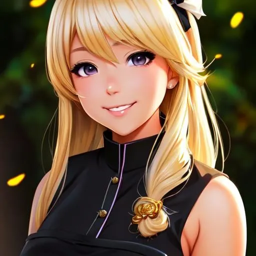 Prompt: Pretty girl, blonde hair,cool pose,perfect composition,Kawaii,smiling, black maid dress,Tan skin,glossy lip,dynamic potrait,aesthetic,soft glowing,sunlight,stunning,impasto,2d digital artwork,anime,mappa studio,wit studio,