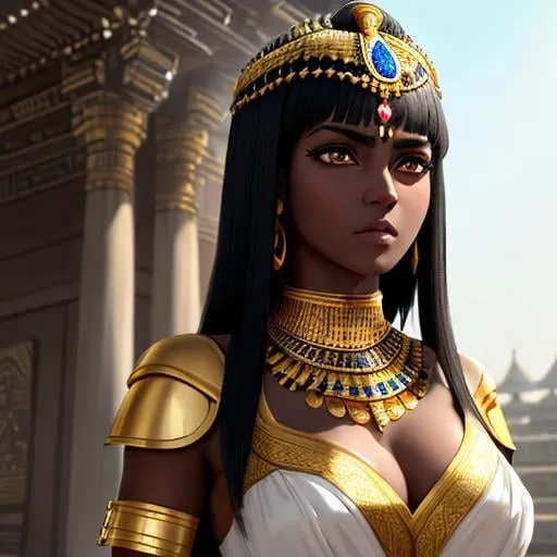 Prompt: Greg Rutkowski


majestic Cleopatra girl with dark skin black hair in a strait cut and big yellow eyes ,

Temple Architecture Backdrop background,

She wears a white dress

Face with expressive facial expression that radiates strength, determination and superiority.


anime artwork with a realistic style, featuring detailed textures, lifelike shading, and accurate proportions,
 

16k, UHD, HDR10, 16K, ((Masterpiece)) , Absurdres,