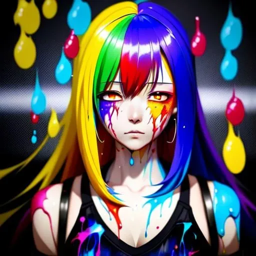 Prompt: full body anime girl drenched Very colorful oil paint spill, wonderful face, perfect body, perfect anatomy, beautiful body, trending on instagram, trending on tiktok, trending on artstation, trending on cgsociety, white sclera,
photorealistic, masterpiece, cinematic, 16k artistic photography, epic, drama, 
romance, glamour, beauty, 
cinematic lighting, dramatic lighting, insanely detailed, soft natural volumetric cinematic lighting, award-winning photography, rendering, hd, high definition, 
highly detailed