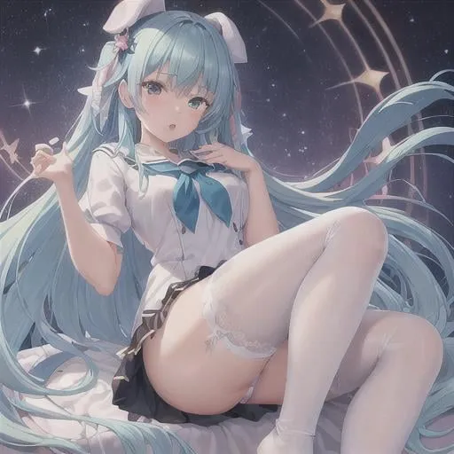 Prompt: (masterpiece), (best quality), (official art, extremely detailed CG unity 8k wallpaper), (highly detailed), ((absurdres)), 1girl, mid shot, (exquisite facial features),(serafuku:1.3) ((sfw)),((clear hands)), ((white thighhighs without shoes)),aqua eyes, color contact lenses, stars in the eyes, (((colorful bubble))), colourful glass, (album cover)
