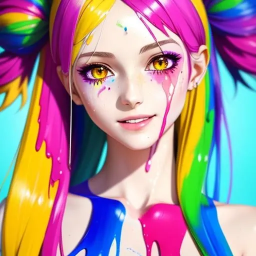 Prompt:  full body anime girl drenched Very colorful oil paint spill, wonderful face, very detailed face, extremely detailed face, highly detailed face, soft smile, happy,
perfect face, perfect eyes, perfect teeth, perfect body, perfect anatomy, beautiful body, trending on instagram, trending on tiktok, trending on artstation, trending on cgsociety, white sclera,
photorealistic, masterpiece, cinematic, 16k artistic photography, epic, drama, 
romance, glamour, beauty, 
cinematic lighting, dramatic lighting, insanely detailed, soft natural volumetric cinematic lighting, award-winning photography, rendering, hd, high definition, 
highly detailed