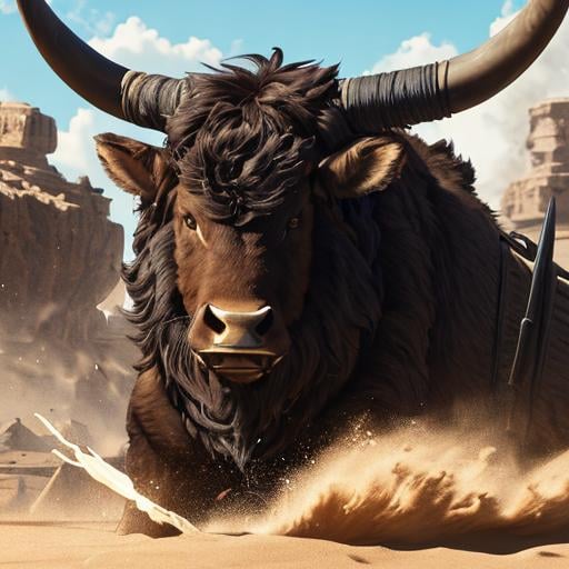 Prompt: portrait of a (Large Minotaur With Tan Fur and Black hair), wearing a cracked chest piece That has deep black jagged Details. Battle Background with details like Sand, smoke, Battle D&D Setting, perfect composition, hyperrealistic, super detailed, 8k, high quality, trending art, trending on artstation, sharp focus, studio photo, intricate details, highly detailed, by greg rutkowski and alphonse mucha