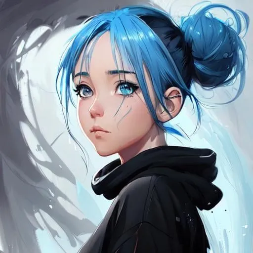 Prompt: pretty anime girl with blue hair tied in a bun wearing a large black sweatshirt, dynamic pose, big watery eyes, anime digital painting by loish + rossdraws + Pino Daeni, brush strokes, painterly, impressionist style, half painted