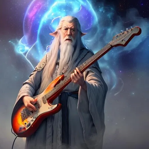 Prompt: Gandalf playing the electric guitar, smoky, space, foggy effects, super high detail, amazing masterpiece, detailed matte painting, deep color, fantastical, intricate detail, splash screen, complementary colors, fantasy concept art, 8k resolution trending on Artstation Unreal Engine 5