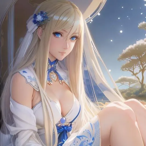 Prompt: full body of a 1 woman, blond hair, long hair, blue eyes, smooth soft skin, beautiful intricate hair, symmetrical, anime narrow eyes, soft lighting, detailed face, by makoto shinkai, stanley artgerm lau, wlop, rossdraws, myoga, concept art, digital painting, looking into camera, happy face, small iris.