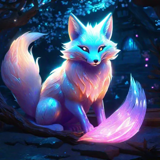 Prompt: A translucent kitsune that is glowing, in a den, realistic, bioluminescent,  glitter, highres, best quality, concept art