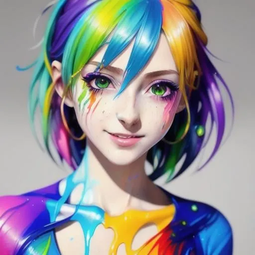 Prompt:  full body anime girl drenched Very colorful oil paint spill, wonderful face, very detailed face, extremely detailed face, highly detailed face, soft smile, happy,
perfect face, perfect eyes, perfect teeth, perfect body, perfect anatomy, beautiful body, trending on instagram, trending on tiktok, trending on artstation, trending on cgsociety, white sclera,
photorealistic, masterpiece, cinematic, 16k artistic photography, epic, drama, 
romance, glamour, beauty, 
cinematic lighting, dramatic lighting, insanely detailed, soft natural volumetric cinematic lighting, award-winning photography, rendering, hd, high definition, 
highly detailed