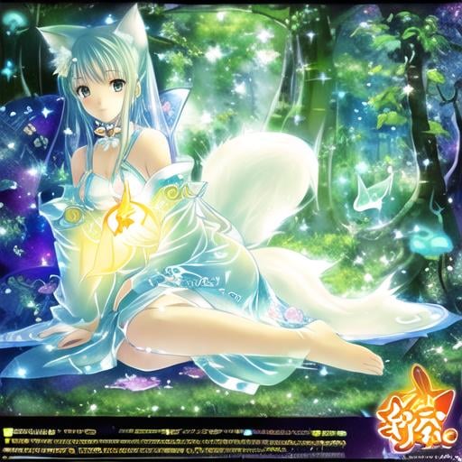 Prompt: A translucent kitsune that is glowing, in a den, realistic, bioluminescent,  glitter, highres, best quality, concept art