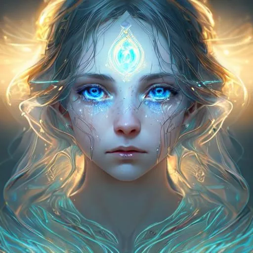 Prompt: Portrait of a light being, radiant, glowing light, filaments of light everywhere, intricate, cinematic lighting, highly detailed, digital painting, artstation, concept art, smooth, sharp focus, illustration, perfect face , sad expression, blue eyes, Tears are dropping from the eyes, the forehead is covered with a bit blood, 8k, UHD, HDR, (Masterpiece:1. 5), (best quality:1. 5)