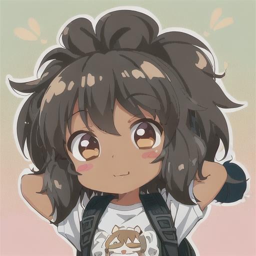 Prompt: A detailed illustration of adorable cute tan girl🥺😊,black curly-silky hair, tan skin, wearing a backpack, style cartoon, colors, two-dimensional, planar vector, character design, T-shirt design, stickers, colorful splashes, and T-shirt design, Studio Ghibli style, soft tetrad color, vector art, fantasy art, watercolor effect, Alphonse Mucha, Adobe Illustrator, digital painting, low polygon, soft lighting, aerial view, isometric style, retro aesthetics, focusing on people, 8K resolution, octane render