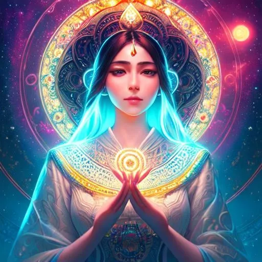 Prompt: hyperdetailed intricate enigmatic, a lot of glowing aum symbols floating in the air,

masterpiece intricate hyperdetailed ultra realistic girl, detailed face, hopeful,

scenic view space with very wide angle,

colorful glamorous sunshine,

WLOP, Greg Rutkowski, 128K resolution,