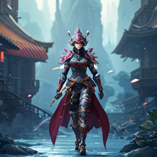 Prompt: an intricate kunoichi exoskeleton, 3d, Splash art, front, epic Instagram, artstation, hyperdetailed intricately detailed, intricately detailed full helmet, unreal engine, technological, intricate detail, splash screen, complementary colors, Sci-fi concept art, 8k, heavy strokes, splash arts, full height, full body,