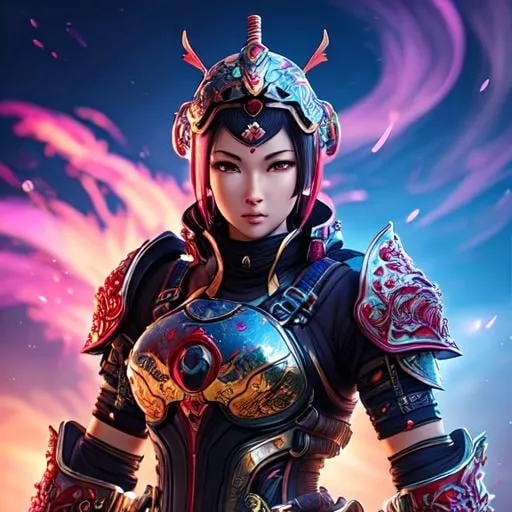 Prompt: an intricate kunoichi exoskeleton, 3d, Splash art, front, epic Instagram, artstation, hyperdetailed intricately detailed, intricately detailed full helmet, unreal engine, technological, intricate detail, splash screen, complementary colors, Sci-fi concept art, 8k, heavy strokes, splash arts, full height, full body,