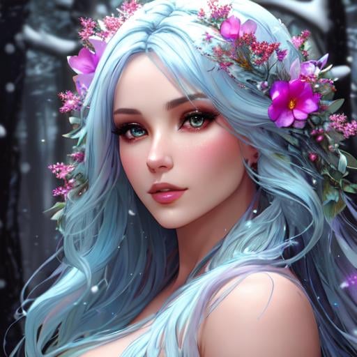 Prompt: dryads winter feminine great beauty and very beautiful physical features, just behind her a winter forest in full transition to spring, flowers growing snow melting volumetric soft lighting cold colors 8k resolution by Greg Rutkowski, Artgerm, Alphonse Mucha dynamic lighting hyperdetailed intricately detailed Splash art trending on Artstation Unreal Engine 5 volumetric lighting