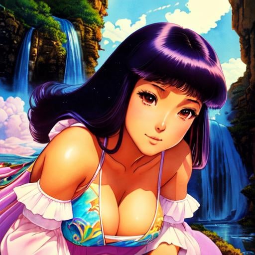 Prompt: close-up, ogorgeous princess cutie. giantess sitting on top a floating island in the sky,  waterfalls, Gouache, watercolor, backlighting, chiaroscuro, by Moebius, intricate details, official art, by mangaka, 70s' shoujo, Huge cleavage, athletic body, Highly detailed photo realistic digital artwork. High definition. Face by Tom Bagshaw and art by Sakimichan, Android Jones" and tom bagshaw, BiggalsOctane render, volumetric lighting, shadow effect, insanely detailed and intricate, photorealistic, highly detailed, artstation by WLOP, by artgerm