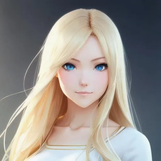 Prompt: full body of a 1 woman, blond hair, long hair, blue eyes, smooth soft skin, beautiful intricate hair, symmetrical, anime narrow eyes, soft lighting, detailed face, by makoto shinkai, stanley artgerm lau, wlop, rossdraws, myoga, concept art, digital painting, looking into camera, happy face, small iris.