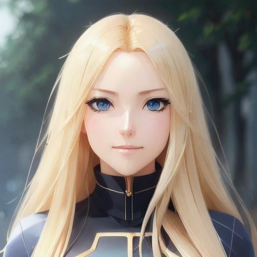 Prompt: a 1 woman, blond hair, long hair, blue eyes, smooth soft skin, beautiful intricate hair, symmetrical, anime narrow eyes, soft lighting, detailed face, by makoto shinkai, stanley artgerm lau, wlop, rossdraws, myoga, concept art, digital painting, looking into camera, happy face, small iris.