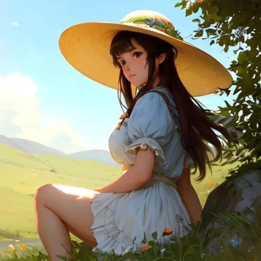 Prompt: A country styled girl in a meadow, sitting on a rock, with a sun hat, perfect features, extremely detailed, realistic. Krenz Cushart + loish +gaston bussiere +craig mullins, j. c. leyendecker +Artgerm, 