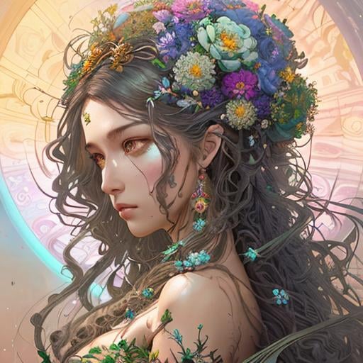 Prompt:  Insanely detailed elaborate beautiful Gaia goddess with flower dress, intricate face, beautiful long curly hair ,hyper detailed painting by Ismail Inceoglu Huang Guangjian and Dan Witz CGSociety ZBrush Central fantasy art album cover art 4K 64 megapixels 8K resolution HDR Greek light colours jewelry celestial powers