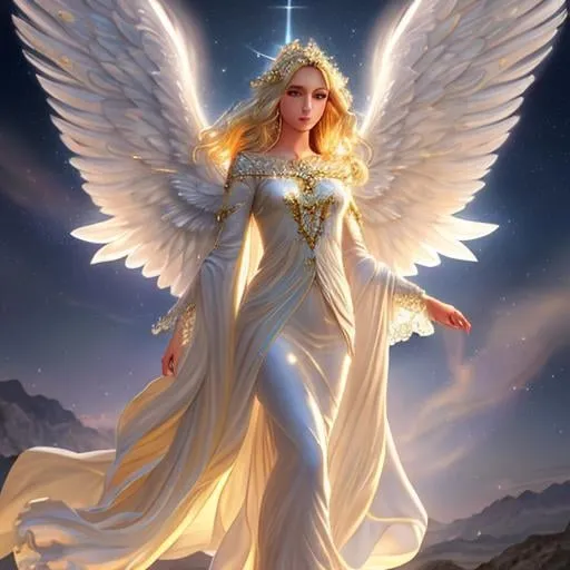 Prompt: Full body Angel, beautiful face, detailed face, blonde, shining, holy light background, wide white wings, full body, mythical, fantasy, elegant, hyperrealism, highly detailed, intricate detailed, dynamic lighting, 4K, HD.