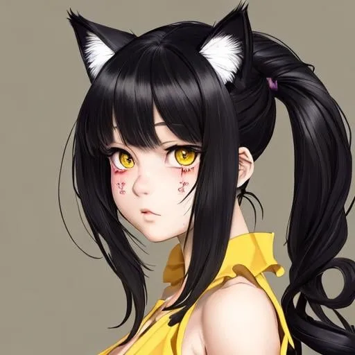 Prompt: ((best quality)), ((illustration)), masterpiece, (extremely detailed face and eyes), ((upper body)), (focus on face), ((from the side)), ((ukiyo)), flat shading, solo, (((1girl))), (cute anime face), (((embarrassed))), ((cat ears)), black hair, spiralcurl, ((yellow pupils)), ((cleavage)), (choker), simple background
