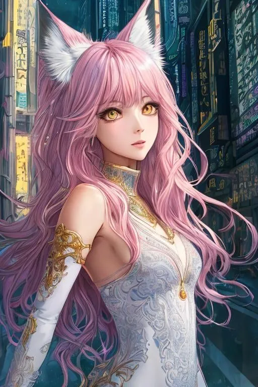 Prompt: masterpiece best quality hyperdetailed intricate fluidity contrast water color painting pencil sketch pastel mix flat color 2D vector 1 lean skinny beautiful girl anime, long wavy pink hair, one eye covered by bangs, beautiful detailed face, beautiful gloss lips, detailed waving white scarf, golden fox ears

scenic view post apocalyptic city landscape, looking from below,

volumetric lighting, cinematic lighting, contrast light,

precise hard pencil strokes, precise hard pencil outlines,

cinematic dramatic atmosphere, detailed and intricate environment, cell shading, perfect anatomy, freedom, soul, global illumination, bloody environment,

concept art, fluid and sharp focus, colorful, vibrant,

album cover art, watercolor painting art, 128K resolution, 2D vector concept, watercolor painting,

semi-monochrome,