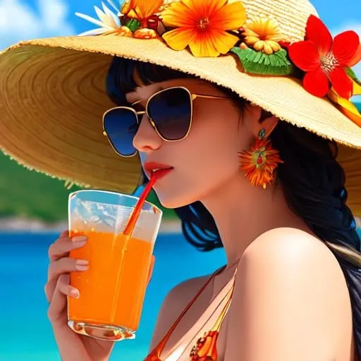 Prompt: 1girl, solo, starfish, seashell, shell, flower, hat, hair ornament, jewelry, straw hat, looking at viewer, sunglasses, hat flower, drinking straw, hairclip, earrings, red flower, tinted eyewear, yellow flower, bangs, english text, multicolored hair, orange flower, black hair, ring, cup, long hair, orange-tinted eyewear, food, brown hair, portrait, shell hair ornament