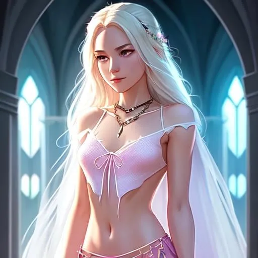 Prompt: Beautiful girl, full-body digital art, gwen stacy (ghost spider), bodysuit, one shoulder top, bralette top, backless top, keyhole top, split front chain detail top, shorts, druid priestess, long white hair, pink clothes, artstation, illustration, dynamic soft lighting, fantasy framing, high resolution 4k, hdr, stylistic, thigh gap, full body, Sharp features, cute face, symmetrical, double eyelid blue eyes