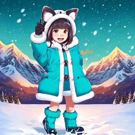 Prompt: masterpiece,best quality,1 girl, (loli,toddler:1.5),panorama, turquoise bobcut, fox in the snow,dance, night mountain, fur coat,fur gloves,fur headdress,fur boots,peace sign,happy smile, <lora:flat2:-0.5>
