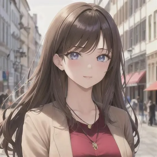 Prompt: Beauty 18 year old girl,anime,manga,necklaces,cute, brown Long Luscious Layers haircut,e-girl,64k,dynamic potrait,perfect composition,pretty eyes,Sun Dress with jacket,European city background,aesthetic,face detailed,highly detailed,soft lighting,