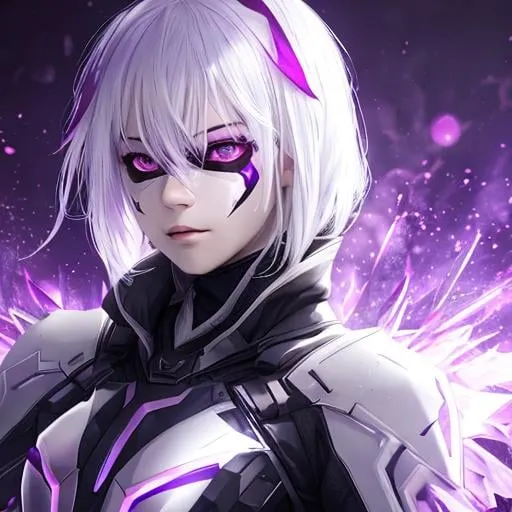 Prompt: 1girl, with white hair, multicolored hair, purple eyes, mask on the head, side lighting, light particles wallpaper,