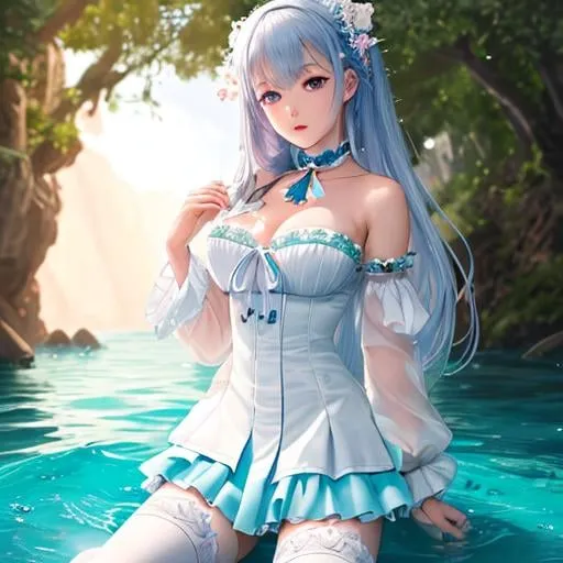 Prompt: (masterpiece), (best quality), (official art, extremely detailed CG unity 8k wallpaper), (highly detailed), ((absurdres)), 1girl, mid shot, (exquisite facial features),(serafuku:1.3) ((sfw)),((clear hands)), ((white thighhighs without shoes)),aqua eyes, color contact lenses, stars in the eyes, (((colorful bubble))), colourful glass, (album cover)
