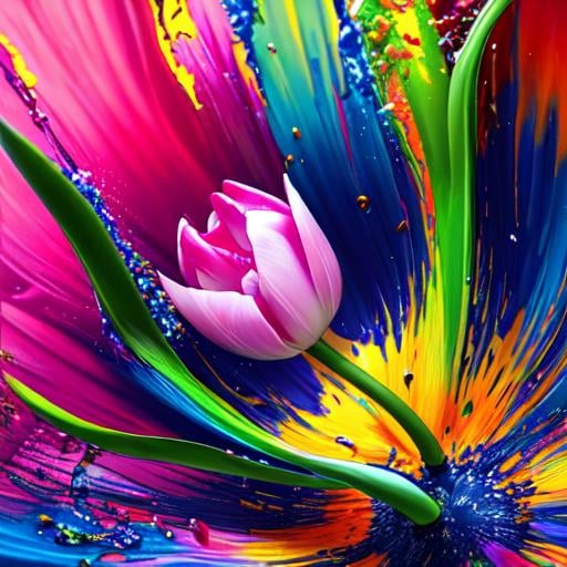 Prompt: tulip in a splatter abstract fluid suspended in the air like a wave, colorful oil paint spill with lots of thick, photorealistic, masterpiece, 16k artistic photography, volumetric soft lighting, dramatic lighting, insanely detailed.