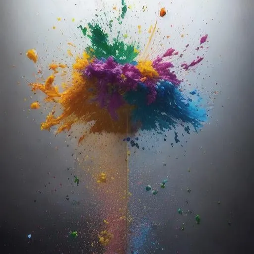 Prompt: splatter suspended in the air as if they were throwing the paint bucket, colorful oil paint spill with lots of thick, photorealistic, masterpiece, 16k artistic photography, volumetric soft lighting, dramatic lighting, insanely detailed.