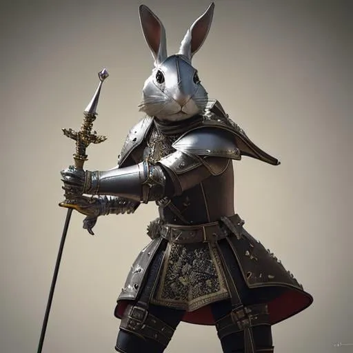 Prompt: adventurous rabbit in leather armor wielding a rapier and shield highly detailed, fine complex micro-details, 8k, volumetric lightning, ethereal light, extremely detailed, octane rendering, hyperrealistic, unreal engine