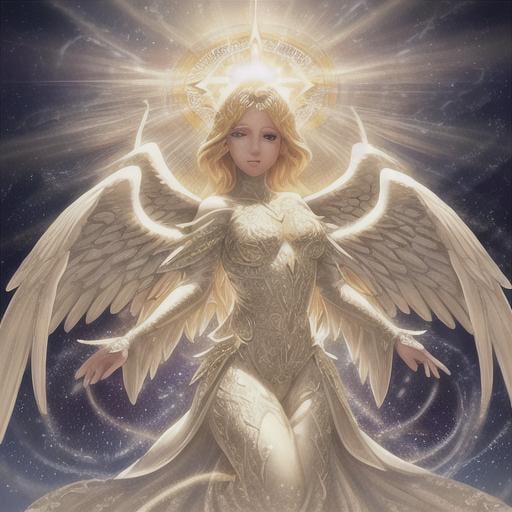 Prompt: Angel, beautiful face, detailed face, blonde, shining, holy light background, wide white wings, full body, mythical, fantasy, elegant, hyperrealism, highly detailed, intricate detailed,dynamic lighting, 4K, HD.