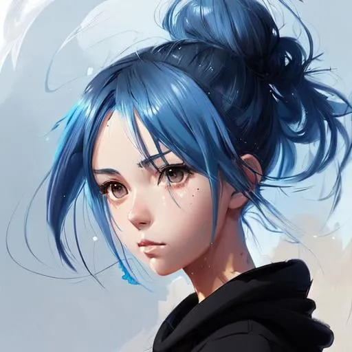 Prompt: pretty anime girl with blue hair tied in a bun wearing a large black sweatshirt, dynamic pose, big watery eyes, anime digital painting by loish + rossdraws + Pino Daeni, brush strokes, painterly, impressionist style, half painted