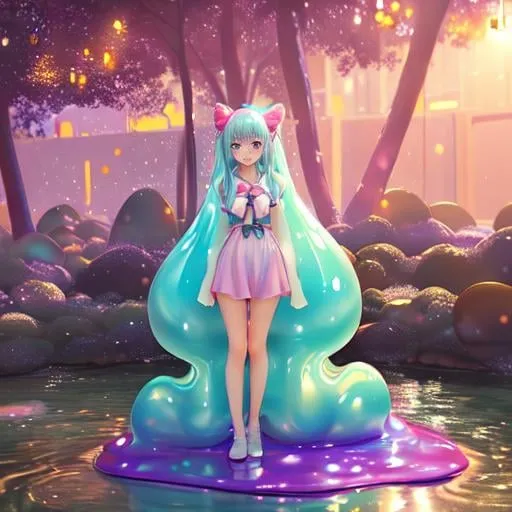 Prompt: a full body of they 1 girl made of slime, slime girl, petite body shape, hyper realistic pastel color masterpiece,

beautiful, cute, kawaii anime girl,  smokey atmosphere, hyper realistic masterpiece of an anime seafoam color slime girl,

at night, twilight, evening, outside, particles visible, light from behind, hyper realistic detailed lighting, hyper realistic shadows

hyper realistic masterpiece, highly contrast water color pastel mix, sharp focus, digital painting, pastel mix art, digital art, clean art, professional, contrast color, contrast, colorful, rich deep color, studio lighting, dynamic light, deliberate, concept art, highly contrast light, strong back light, hyper detailed, super detailed, render, CGI winning award, hyper realistic, ultra realistic, UHD, HDR, 64K, RPG, inspired by wlop, UHD render, HDR render