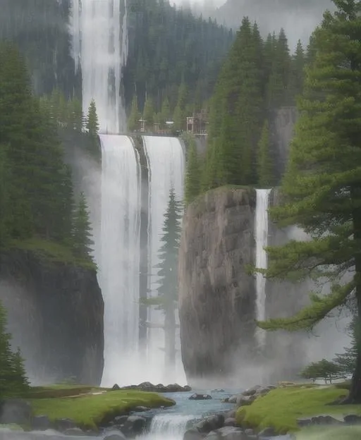 Prompt: a giant mountain range with a large waterfall coming down from the mountains leading into a narrow lake in the foreground surrounded with pine forest, rainy, fantasy artwork, very beautiful scenery, very realistic painting effect, hd, hdr, cinematic 4k wallpaper, 8k, ultra detailed, high resolution, artstation, concept art, 8k post-processing, epic scale, cgsociety, cinematic, low saturation