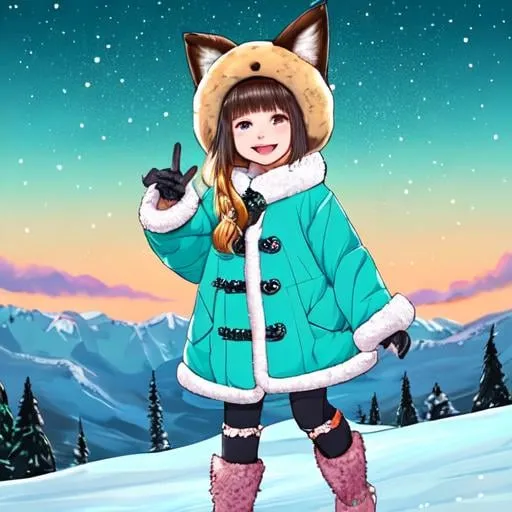 Prompt: masterpiece,best quality,1 girl, (loli,toddler:1.5),panorama, turquoise bobcut, fox in the snow,dance, night mountain, fur coat,fur gloves,fur headdress,fur boots,peace sign,happy smile, <lora:flat2:-0.5>
